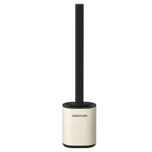 Toilet Brush and Holder, Stainless Steel, Off-White | Removable Inner Bowl and Splash Protection,Flat and Elongated,Dense Bristles for Through Cleaning - color: Off-white