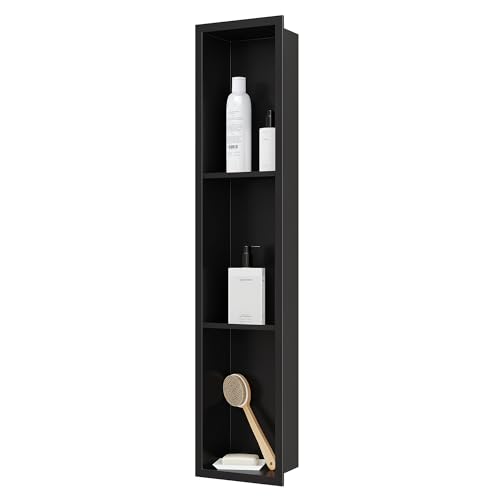 Qeke Stainless Steel Shower Niche 8" X 36", 3-Tiers Wall Niche, Black | No tile Needed, Recessed Niche for Bathroom Storage,Waterproof & Space Saving, Over Mount Installation - color: Matte Black, size: 8" × 36"