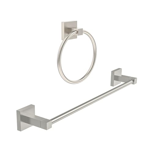 RUACQ 18inch Towel Bar, Towel Ring, Square Base 2pcs Bathroom Hardware Set Wall Mounted, Stainless Steel, Heavy Duty (Brushed Nickel)