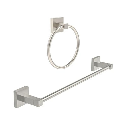 RUACQ 18inch Towel Bar, Towel Ring, Square Base 2pcs Bathroom Hardware Set Wall Mounted, Stainless Steel, Heavy Duty (Brushed Nickel)