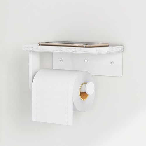 Gypie Toilet Paper Holder with Marble Shelf, Wall Mounted White | Stainless Steel, Tissue Roll Paper Holder Dispenser for Bathroom Washroom - color: White