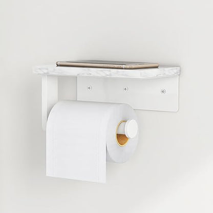 Gypie Toilet Paper Holder with Marble Shelf, Wall Mounted White | Stainless Steel, Tissue Roll Paper Holder Dispenser for Bathroom Washroom - color: White