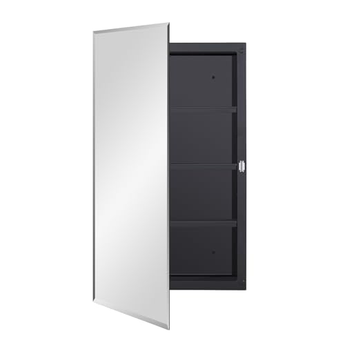 IDYLLOR Black Plastic Medicine Mirror Cabinet for Bathroom with 18 x 28 inch Beveled Edge Mirror, Recessed and Surface Mount - color: Black, size: 18x28 inch Beveled Edge Mirror
