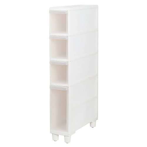 Narrow Tall Floor Cabinet for Bathroom, Vertical Storage Unit with 4 Clear Drawers and Casters, Slim Freestanding Narrow Dresser Tower Storage Drawer Cart, 14cm/22cm Width, Assembly Free