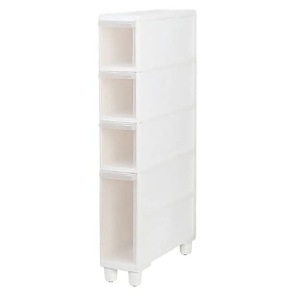 Narrow Tall Floor Cabinet for Bathroom, Vertical Storage Unit with 4 Clear Drawers and Casters, Slim Freestanding Narrow Dresser Tower Storage Drawer Cart, 14cm/22cm Width, Assembly Free