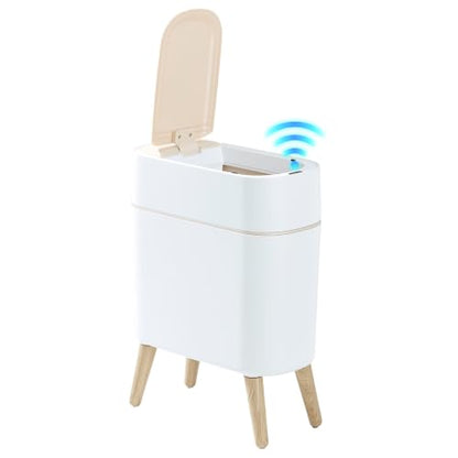 Motion Sensor Bathroom Trash Can with Lid，Slim Automatic Wastebasket | Narrow, Plastic, Auto,Convenient and Hygienic Easy to Use，2.6 gallon Small Garbage Can for Bedroom,Office, Living Room(White) - color: White