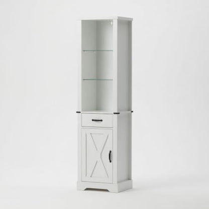 Pantry Cabinet, Storage Cabinet, White Bathroom Cabinet with LED Lights, 75 Inch Tall Linen Tower with Barn Door, Drawer and Adjustable Shelves