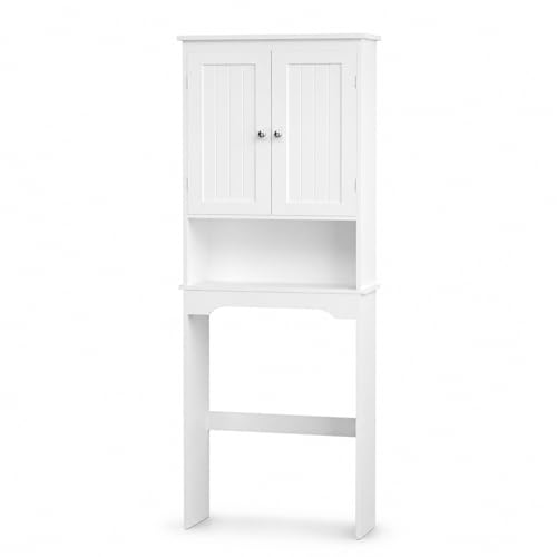 66" H White Bathroom Cabinet Over Toilet with Doors; Adjustable Shelf Bathroom Organizer Unit Featuring Freestanding MDF Wood Over the Toilet Cabinet Frame for Restroom (A) - color: A