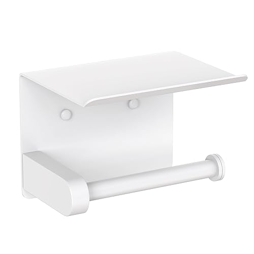 VAEHOLD Self Adhesive Toilet Paper Holder with Phone Shelf Stainless Steel Wall Mounted Toilet Paper Roll Holder - Bathroom Washroom Tissue Roll Holder with Storage Shelf - White - color: White