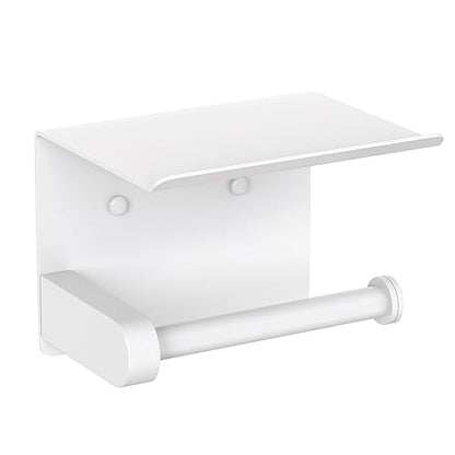 VAEHOLD Self Adhesive Toilet Paper Holder with Phone Shelf Stainless Steel Wall Mounted Toilet Paper Roll Holder - Bathroom Washroom Tissue Roll Holder with Storage Shelf - White - color: White