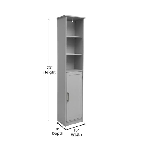 Pemberly Row Freestanding Linen Tower Storage Cabinet, 15"W x 9"D x 70"H, Gray Finish, Engineered Wood with Adjustable Shelves, Magnetic Door and Decorative Top, Slim Space-Saving Design for Bathroom