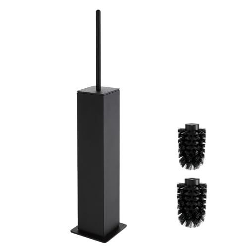 Toilet Brush and Holder Floor Standing, Black with 2 Replaceable Heads, Bathroom Toilet Brush, Freestanding Toilet Bowl Brush with Removable Liner and Splash Guard, Modern Square Design - color: Black-standing