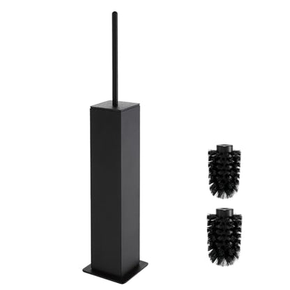Toilet Brush and Holder Floor Standing, Black with 2 Replaceable Heads, Bathroom Toilet Brush, Freestanding Toilet Bowl Brush with Removable Liner and Splash Guard, Modern Square Design - color: Black-standing