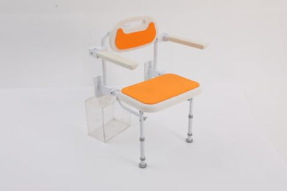 14 Inch Wall Mounted Folding Shower Chair w/Backrest,Height Adjustable | Folding Shower Chair Bathing Adjustable 5-Height Seat Non-Slip Double Leg Design Orange Bathroom Safety Seniors Adults