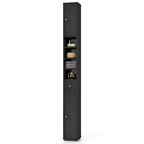 GIANTEX 71” Tall Slim Bathroom Storage Cabinet (Black, 1) | Narrow Floor Cabinet with 2 Doors, 5 Adjustable Shelves, 1 Drawer, Anti-Tipping Device for Small Spaces, Living Room, Kitchen - color: Black