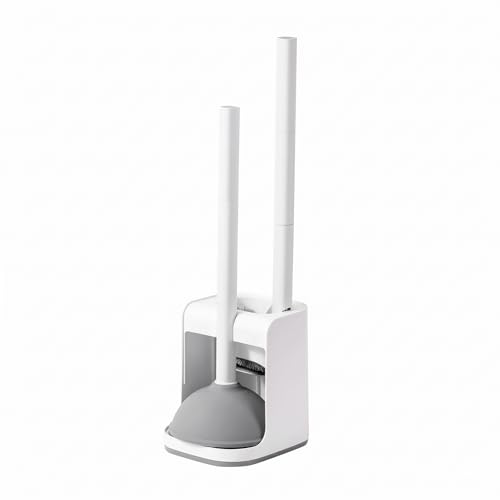 Toilet Plunger and Bowl Brush with Holder, 2 in 1 Heavy Duty Toilet Brush and Plunger Set for Bathroom Cleaning, 1 Set (White) - color: White