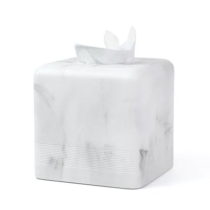 Resin Tissue Box Cover, Modern Square Holder,White | White resin tissue box cover with modern square design and silicone feet for bathroom vanity, office desk, and living room - color: White