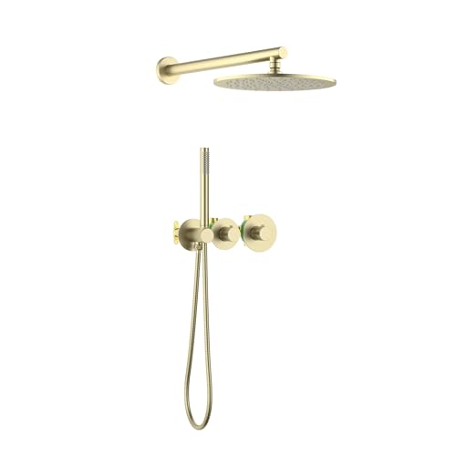 KIBI Circular Thermostatic Shower System with Valve, 2-Function Wall Mounted Bathroom Shower Faucet Set – Solid Brass Shower System with Temperature Control, Brushed Gold (KSF410) - color: Brushed Gold