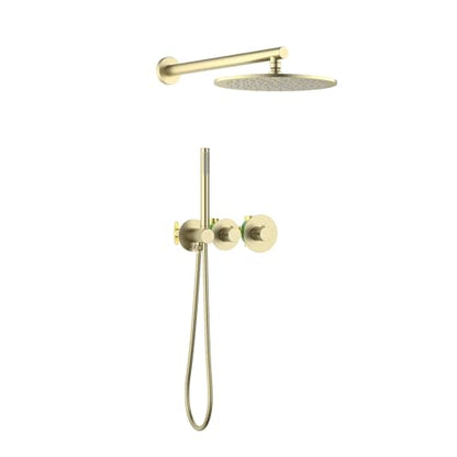 KIBI Circular Thermostatic Shower System with Valve, 2-Function Wall Mounted Bathroom Shower Faucet Set – Solid Brass Shower System with Temperature Control, Brushed Gold (KSF410) - color: Brushed Gold