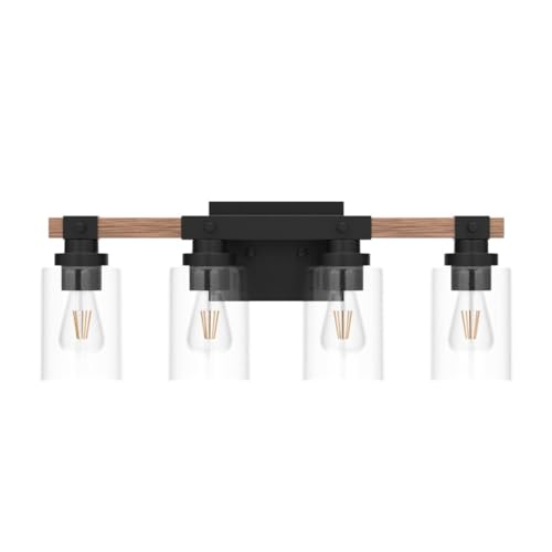 Amico 4-Light Farmhouse Bathroom Vanity Light, Seeded Glass, Black & Wood | Bubble Glass Shade Wall Sconce, Over Mirror Lighting for Bathroom, Bedroom, Living Room, Hallway, Powder Room, Entryway - size: 4-Light
