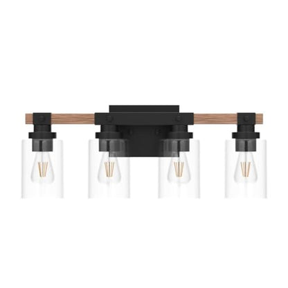 Amico 4-Light Farmhouse Bathroom Vanity Light, Seeded Glass, Black & Wood | Bubble Glass Shade Wall Sconce, Over Mirror Lighting for Bathroom, Bedroom, Living Room, Hallway, Powder Room, Entryway - size: 4-Light