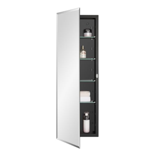 IDYLLOR Black Bathroom Medicine Cabinet with Beveled Edge Mirrored Door 12 x 36 inch, Recessed or Surface Mount, with Adjustable Glass Shelves - color: Matte Black, size: 12x36 inch Beveled Edge Mirror