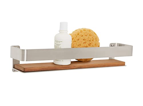Seachrome Rectangular Shower Shelf with Rail in a Satin Finish and Natural Teak Wood Insert - color: Satin