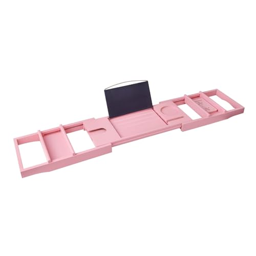 Pink Bamboo Bathtub Caddy with Bath Sponge, Bath Tray for Bathtub, Expandable Size, Fits Most Bath Tubs
