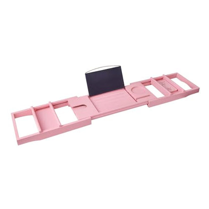 Pink Bamboo Bathtub Caddy with Bath Sponge, Bath Tray for Bathtub, Expandable Size, Fits Most Bath Tubs