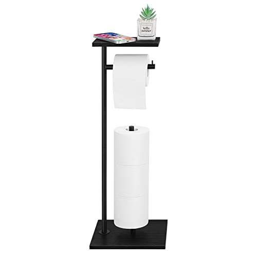 Toilet Paper Holder Free Standing Black Bathroom Toilet Paper Holder Stand with Storage Shelf, Freestanding Roll Tissue Holders Dispenser for Reserve Spare Mega Rolls - color: Black
