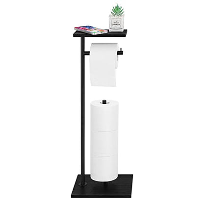 Toilet Paper Holder Free Standing Black Bathroom Toilet Paper Holder Stand with Storage Shelf, Freestanding Roll Tissue Holders Dispenser for Reserve Spare Mega Rolls - color: Black