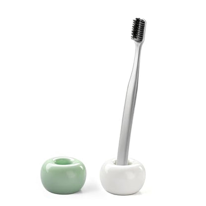 2Pcs Ceramic Toothbrush Holders for Bathrooms Countertop Toothbrush Holder Single Mini Toothbrush Holder Pen Holder Razor Holder Bathroom Tooth Brush Holder Toothbrush Stand (Green+White) - color: Green+white