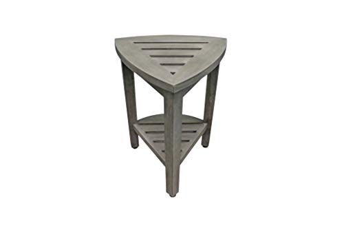 CoastalVogue Snazzy Corner Gray Teak Shower Bench with Storage Shelf | Crafted from 100% solid plantation teak, this corner shower seat resists moisture and outperforms bamboo