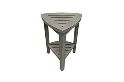 CoastalVogue Snazzy Corner Gray Teak Shower Bench with Storage Shelf | Crafted from 100% solid plantation teak, this corner shower seat resists moisture and outperforms bamboo