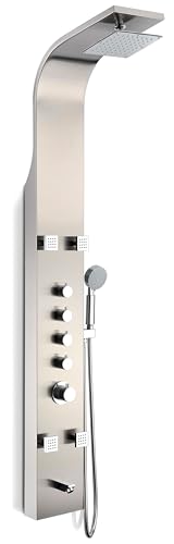ANZZI Shower Head Panel Tower, Echo Brushed Steel Stainless Steel Metal, 4 | Three 3 Fully Adjustable Acu Stream Body Jets, Euro Grip Handheld Sprayer Has 60 In, Five 5 Easy To Use Control Knobs - color: Stainless Steel, style: 4 Jets