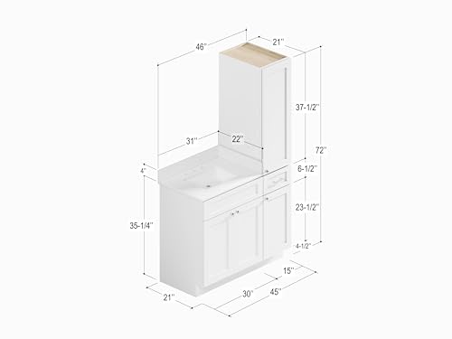 45" Bathroom Vanity with Linen Storage Tower, Carrara Quartz Top and Ceramic Sink, Left or Right Side Option, Solid Wood Frame, 46" x 22" x 72" (White, Left Tall Cabinet) - color: White