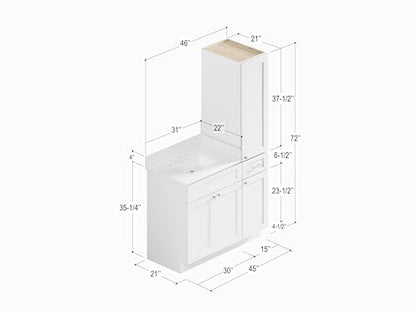 45" Bathroom Vanity with Linen Storage Tower, Carrara Quartz Top and Ceramic Sink, Left or Right Side Option, Solid Wood Frame, 46" x 22" x 72" (White, Left Tall Cabinet) - color: White