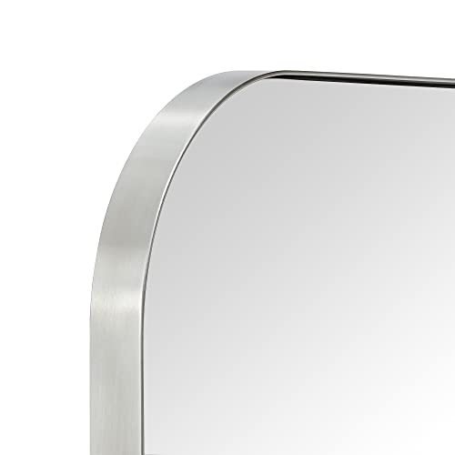 24x36'' Brushed Nickel Rounded Rectangle Bathroom Vanity Wall Mirror Silver Stainless Steel Metal FramedRectangular Bathroom Mirror, Vertical and Horizontal Hanging