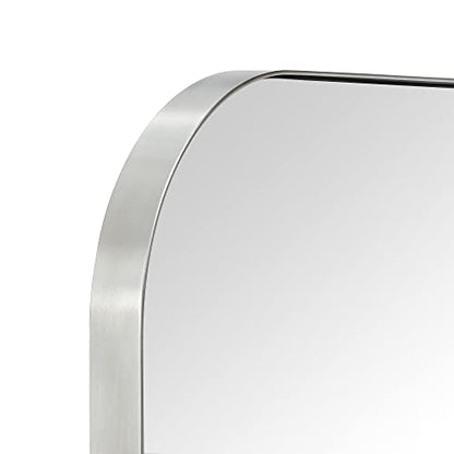 24x36'' Brushed Nickel Rounded Rectangle Bathroom Vanity Wall Mirror Silver Stainless Steel Metal FramedRectangular Bathroom Mirror, Vertical and Horizontal Hanging