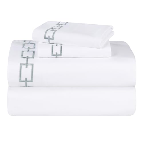 Superior Embroidered Cotton Bed Sheet Set, 1 Elastic Deep Pocket Fitted Sheet, 1 Flat Sheet, 1 Pillowcase, Daily Soft Sheets, Luxury, Unique Design, Chain Links Collection, Twin, White-Silver - color: White-silver, size: Twin