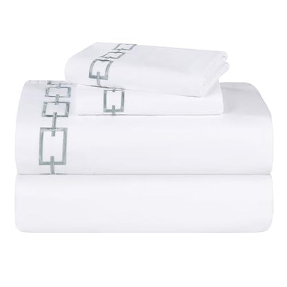 Superior Embroidered Cotton Bed Sheet Set, 1 Elastic Deep Pocket Fitted Sheet, 1 Flat Sheet, 2 Pillowcases, Daily Sheets, Luxury, Unique Design, Chain Links Collection, King, White-Silver - color: White-silver, size: King
