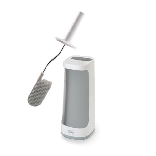 Joseph Joseph Flex Plus - Smart Hygienic Silicone Toilet Brush with Storage Bay Caddy, flexible, anti-drip, anti-clog deep clean head - Large, White/Grey