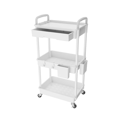 3 Tier Rolling Utility Cart with Drawer,REBECAT Utility Cart Made of Multifunctional Storage Organizer Tool for Kitchen,Bathroom,Living Room,Office(White) - color: White