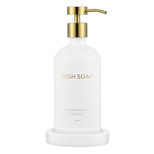 Glass Soap Dispenser Bathroom Set by Janxin, Foaming Kitchen soap Dispenser with Ceramic Tray for Dish Soap, Liquid Soap Dispenser for Hand Soap, Lotion, Body Wash (White+Gold) - color: White Gold D