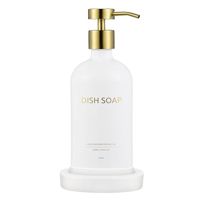 Glass Soap Dispenser Bathroom Set by Janxin, Foaming Kitchen soap Dispenser with Ceramic Tray for Dish Soap, Liquid Soap Dispenser for Hand Soap, Lotion, Body Wash (White+Gold) - color: White Gold D
