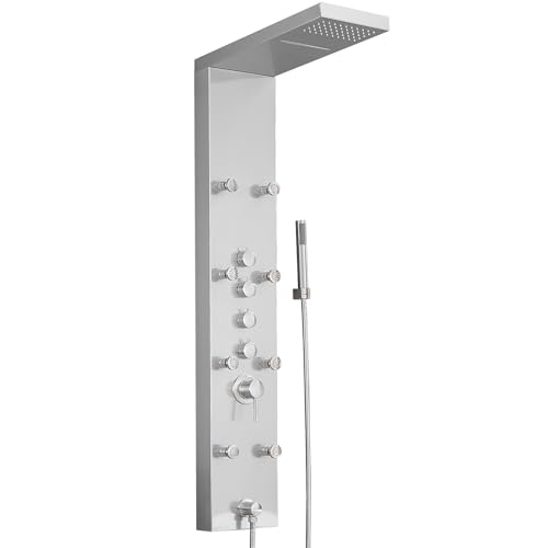 Brushed Nickel Shower Panel System Stainless Steel Rainfall Shower Tower | 4-Functions with 8 Adjustable Water Massage Nozzles Handheld Showerhead Wall Mounted Shower Panels by BATHLAVISH - color: Nickel