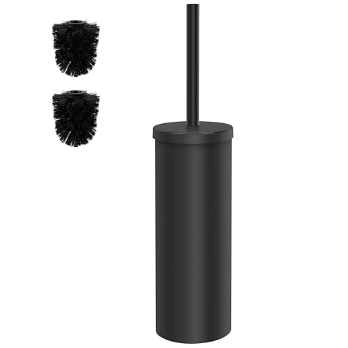 Heavy Duty Stainless Steel Toilet Brush Set with Holder(2 Brush Heads) – Rustproof Toilet Bowl Brush, Compact Cylinder Base, Extra Long Handle for Deep Cleaning, Black - color: Black