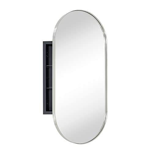 Brushed Nickel Oval Recessed Bathroom Medicine Cabinet with Mirror Stainless Steel Metal Framed Oblong Pill Shaped Bathroom Cabinet with Mirror 16x33'' - color: Brushed Nickel