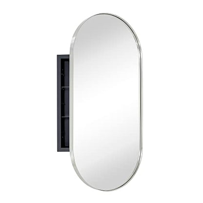 Brushed Nickel Oval Recessed Bathroom Medicine Cabinet with Mirror Stainless Steel Metal Framed Oblong Pill Shaped Bathroom Cabinet with Mirror 16x33'' - color: Brushed Nickel