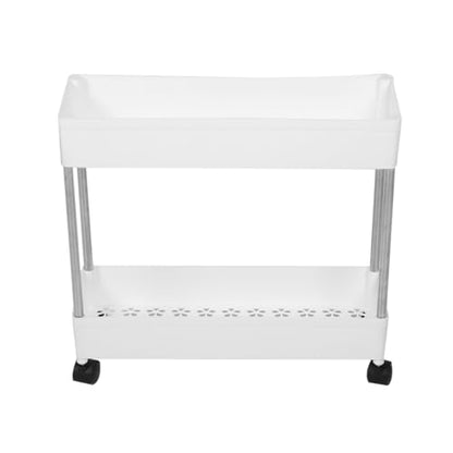 Slim Rolling Storage Cart, 2-Tier Mobile Shelving Unit, White Plastic and Iron Trolley Rack for Kitchen, Bathroom, Office, Laundry Room, 15.74 X 15.74 X 5.11 Inches